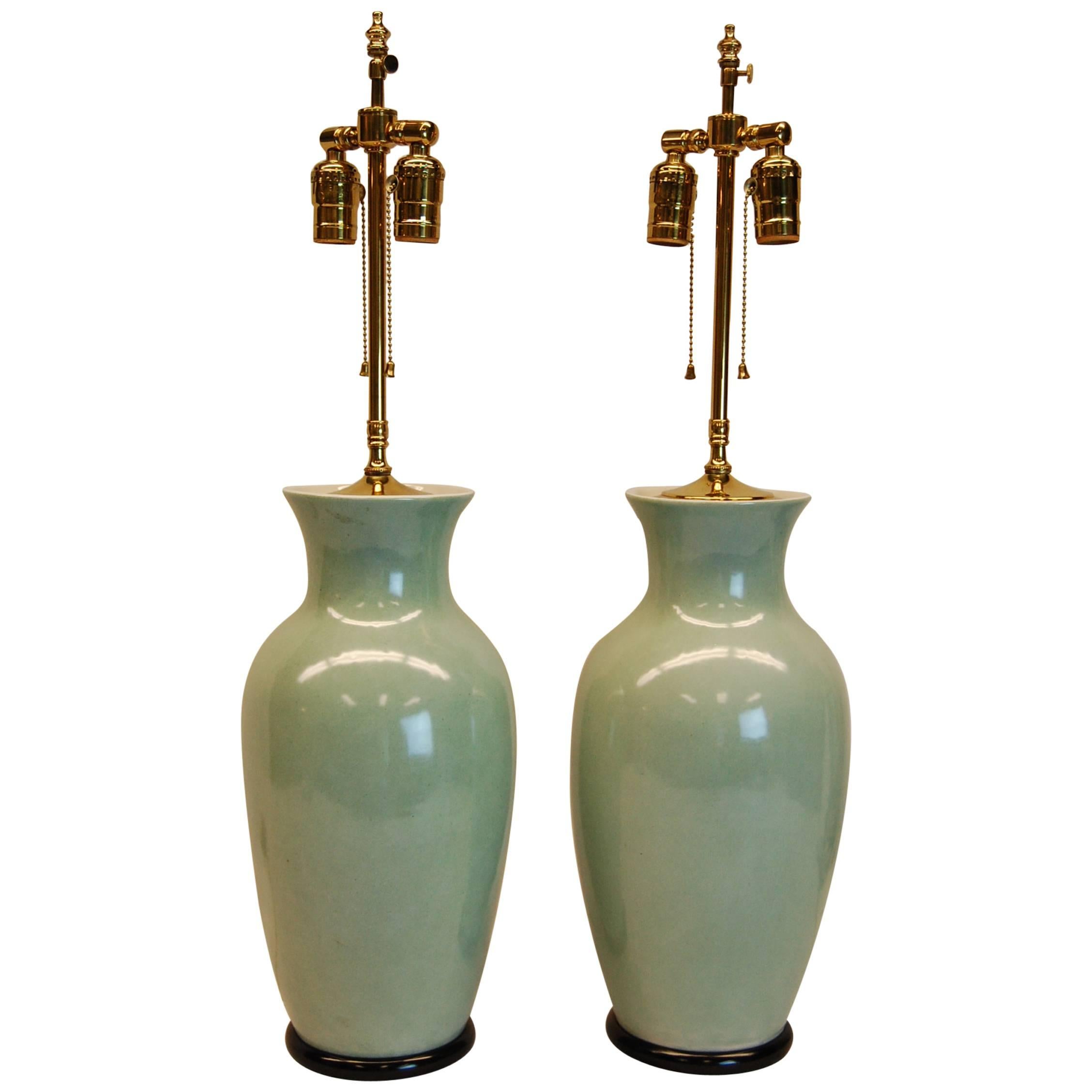 Pair of Early 20th Century Pale Celadon Chinese Urns Wired as Lamps