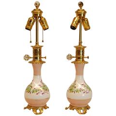 Pair of Porcelain Hand-Painted French or English Oil Lamps 7