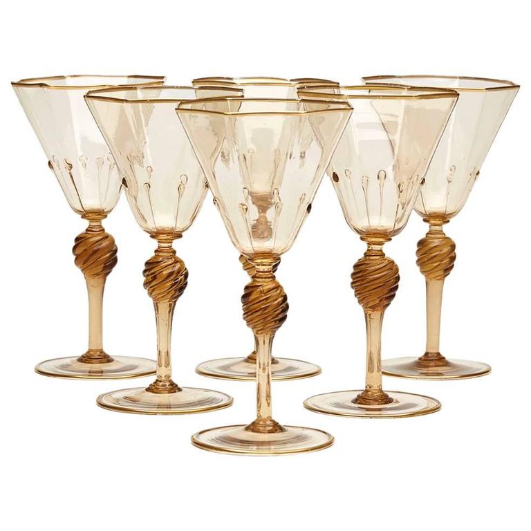 Six Murano MVM Cappellin Amber Wine Glasses, circa 1925 at 1stDibs