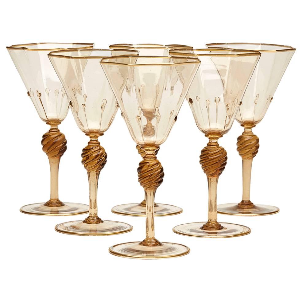 Six Murano MVM Cappellin Amber Wine Glasses, circa 1925