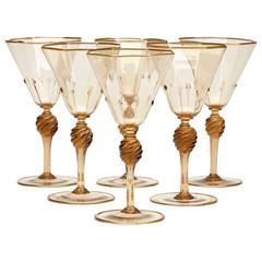 Six Murano MVM Cappellin Amber Wine Glasses, circa 1925