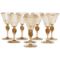 Eight Art Deco Murano MVM Cappellin Amber Wine Glasses, circa 1925