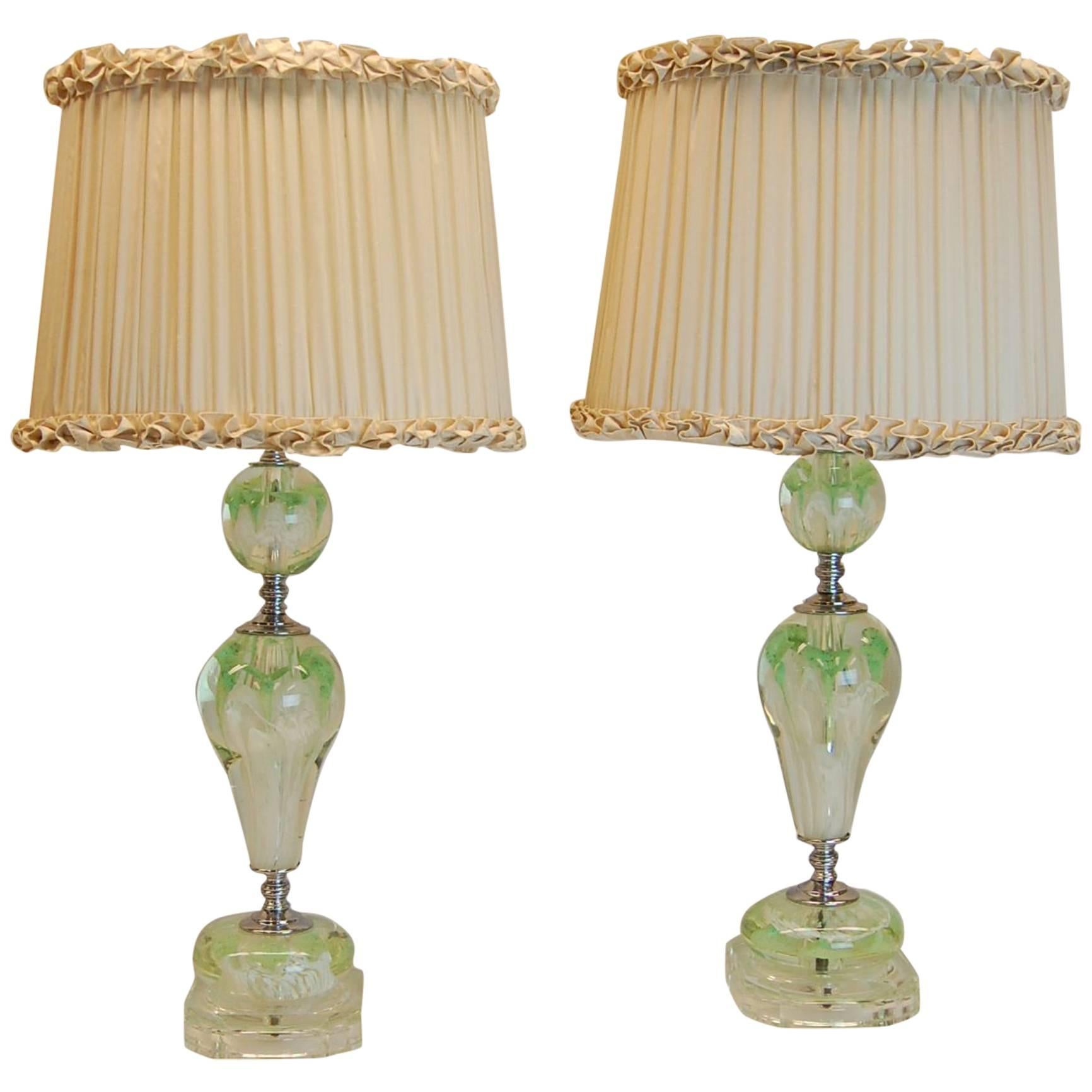 Pair of Art Deco Lamps with Art Glass Floral Balls & Custom Silk Lampshades For Sale