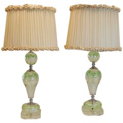 Pair of Art Deco Lamps with Art Glass Floral Balls & Custom Silk Lampshades