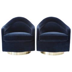 Set of Milo Baughman Brass Base Swivel Chairs Reupholstered in Mohair