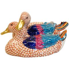 Retro Large Pair of Ducks by Herend with Gold Leaf Beaks in Vieux Herend Pattern