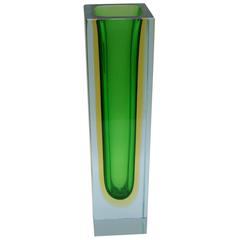 Alessandro Mandruzzato Green and Yellow Triple Sommerso Murano Glass Vase