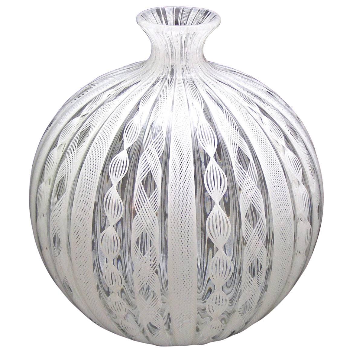 Handblown Murano Glass Latticino and Zanfirico Lattimo Glass Vase