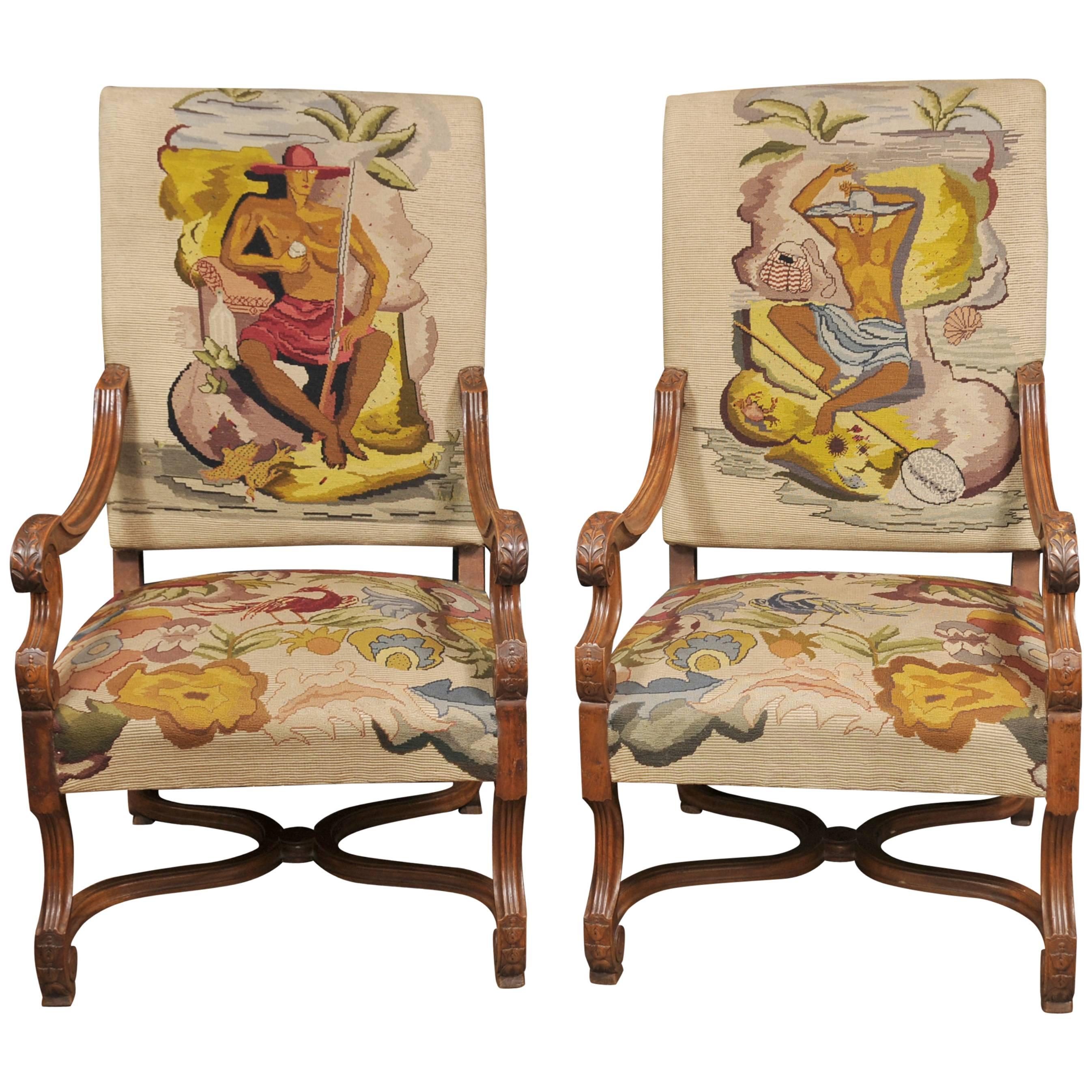 Pair of French Antique Oak Armchairs Nude Handwoven Upholstery Tropical Nouveau