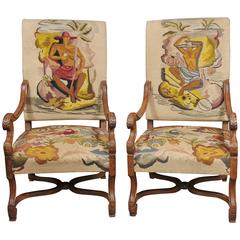 Pair of French Antique Oak Armchairs Nude Handwoven Upholstery Tropical Nouveau