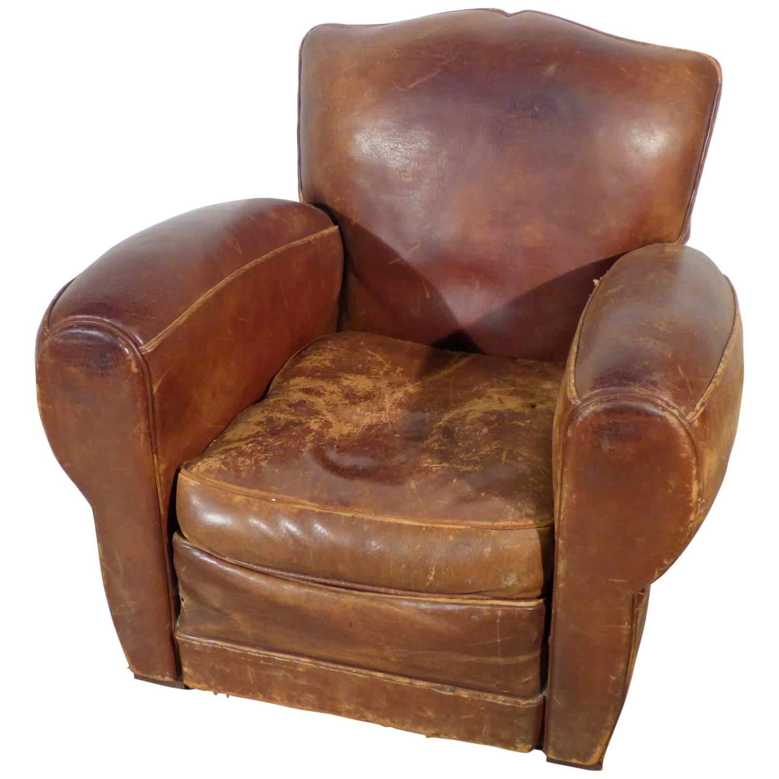 1940s French Mustache Leather Club Chair For Sale