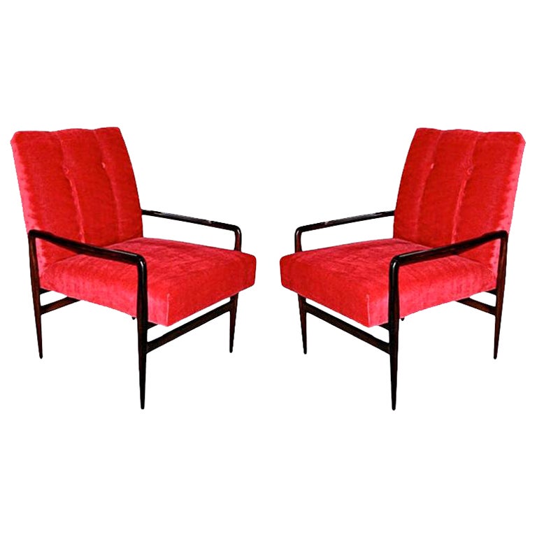 Paire de fauteuils en bois de jacaranda brésilien des années 1960 en mohair rouge