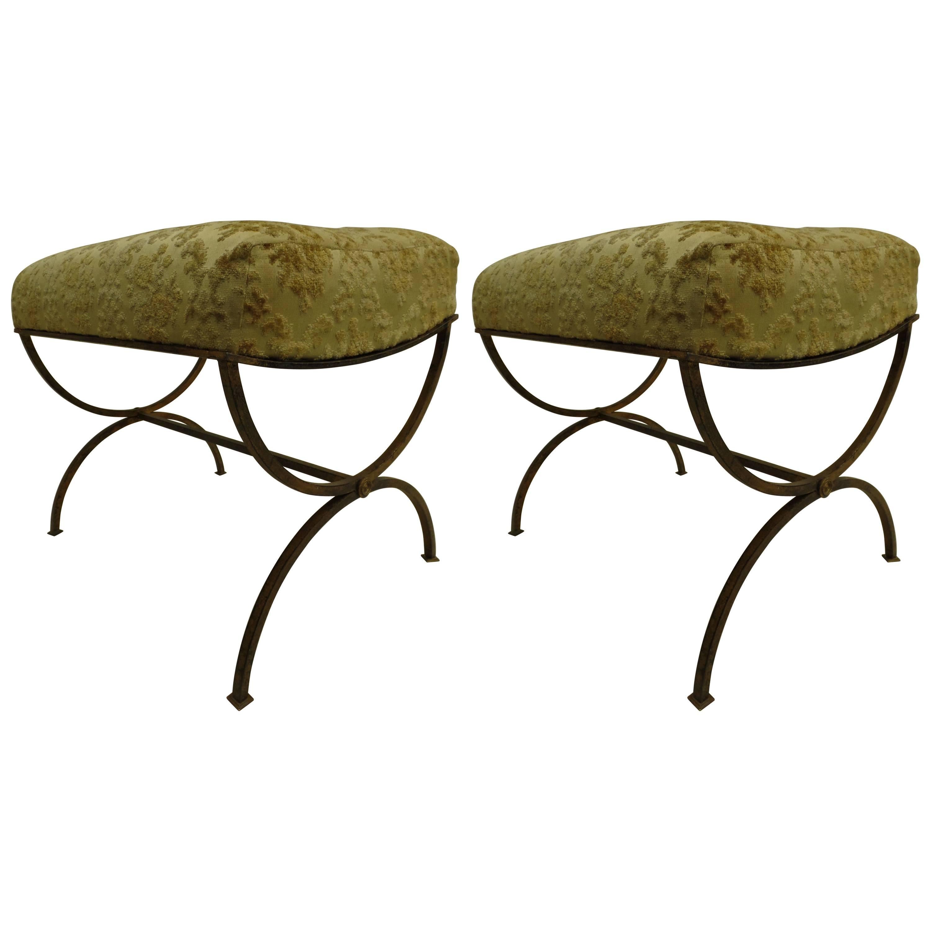 Pair of French, Mid-Century Modern X-Frame Gilt Iron Benches by Maison Ramsay
