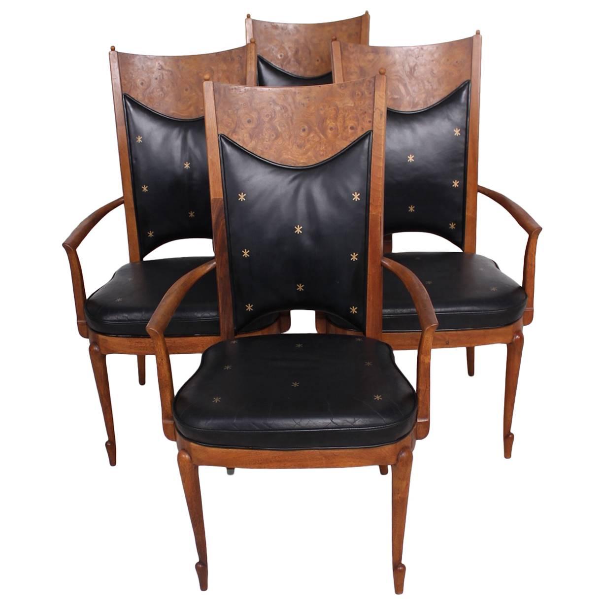 Mid-Century Set  Four Dining Chairs Walnut and Leather Attributed to Heritage