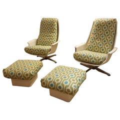 1960s Plastic Mid-Century Mad Mod Chairs with Ottomans