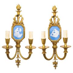 Antique Pair of Ormolu and Jasperware Two-Branch Wall Lights Sconces