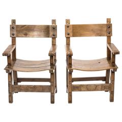 Antique Pair of Mexican Handmade Wood Armchairs