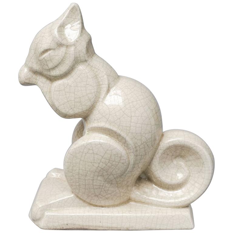 French Art Deco Craquelé or Crackle Ceramic Squirrel A.M.C For Sale at