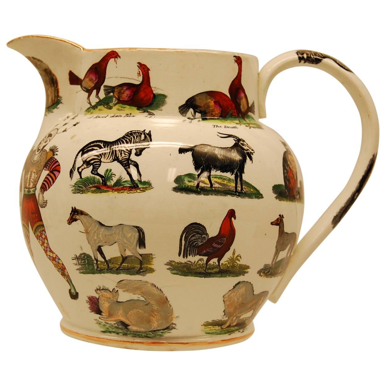 Rare Elsmore & Forster Ironstone Ale Jug with Exotic Animal Transferware C. 1850 For Sale