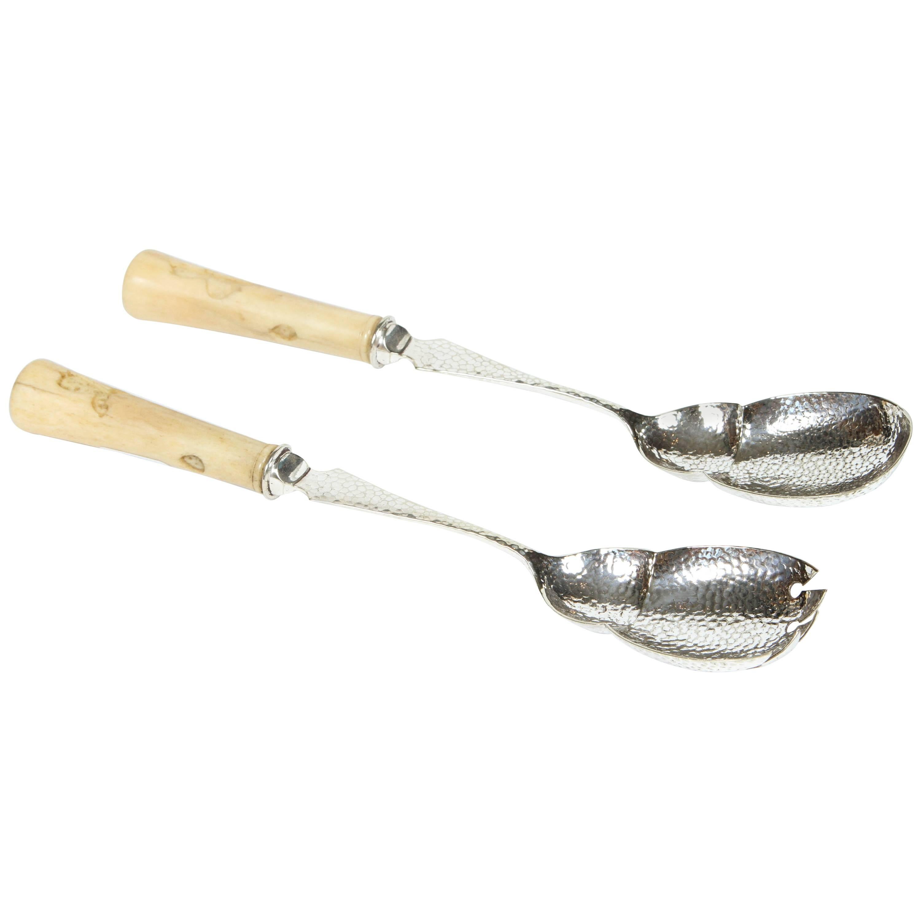 Antique Silver Plate Salad Servers with Bone Handle