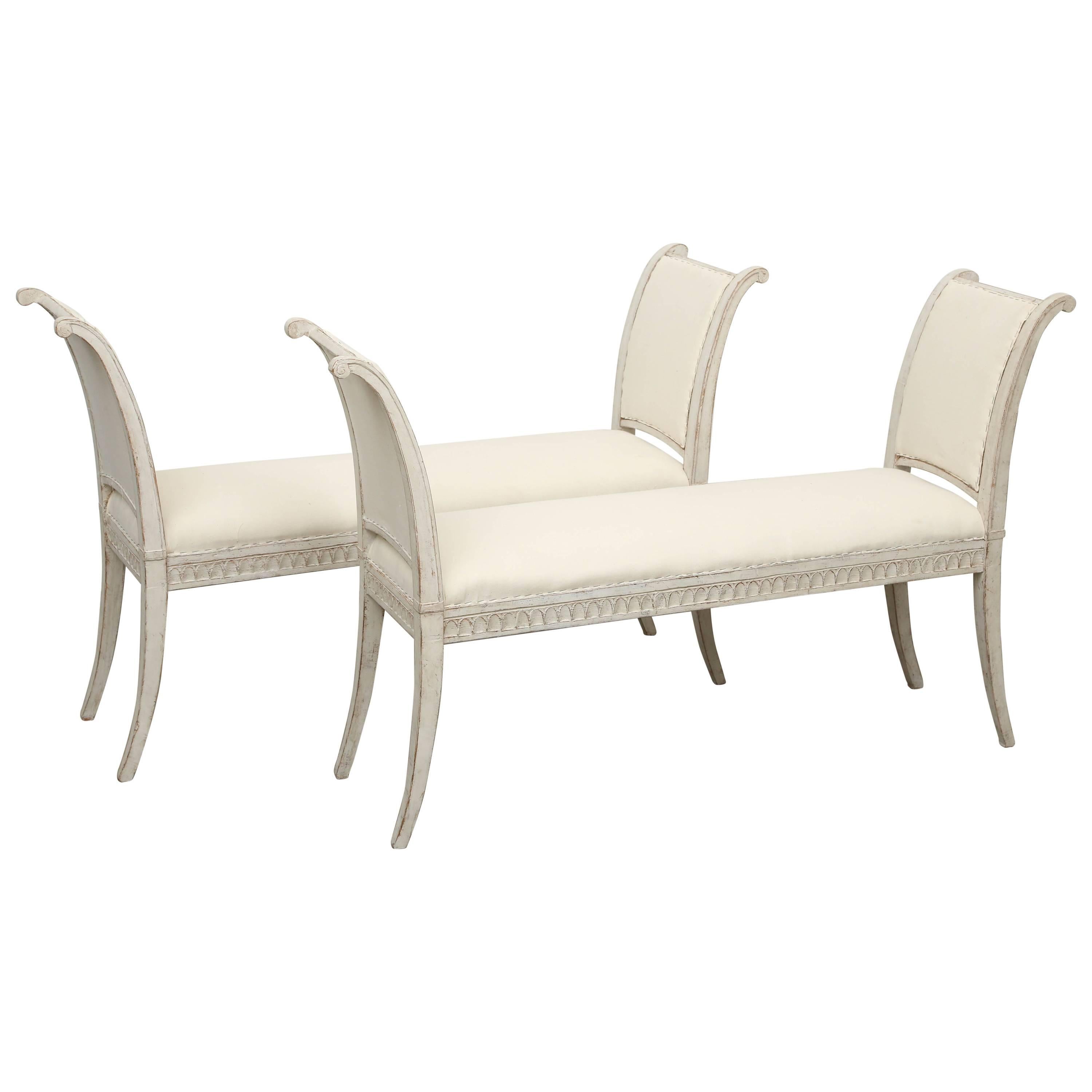 Pair of Antique Swedish Gustavian Benches with Curved Arms, Mid-19th Century