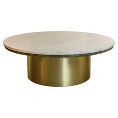 Round Brass Drum Table with Greek Key Detail and Travertine Top