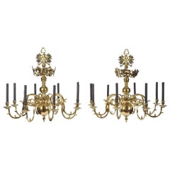 Pair of Mid-19th Century Eight-Branch Brass Chandeliers, possibly Austrian.