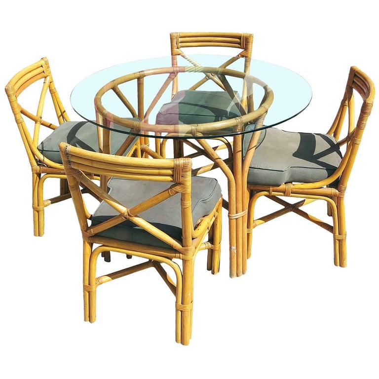 Restored Mid-Century Rattan Table with Chairs Dining Set For Sale at 1stdibs