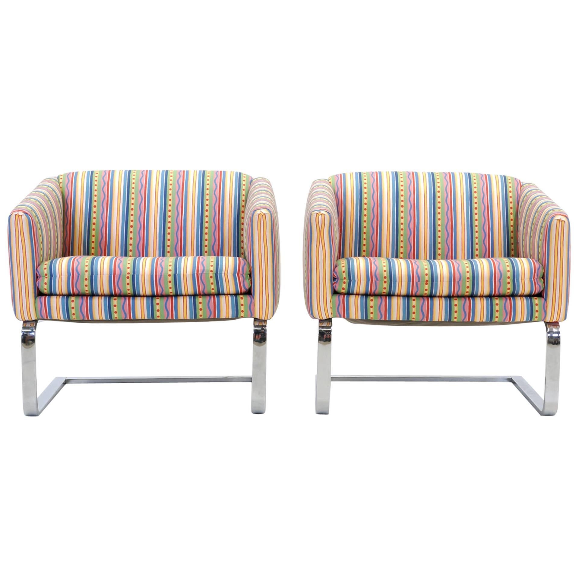 Pair of Milo Baughman Style Chrome Frame Club Chairs or Barrel Chairs by Selig