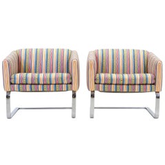 Pair of Milo Baughman Style Chrome Frame Club Chairs or Barrel Chairs by Selig