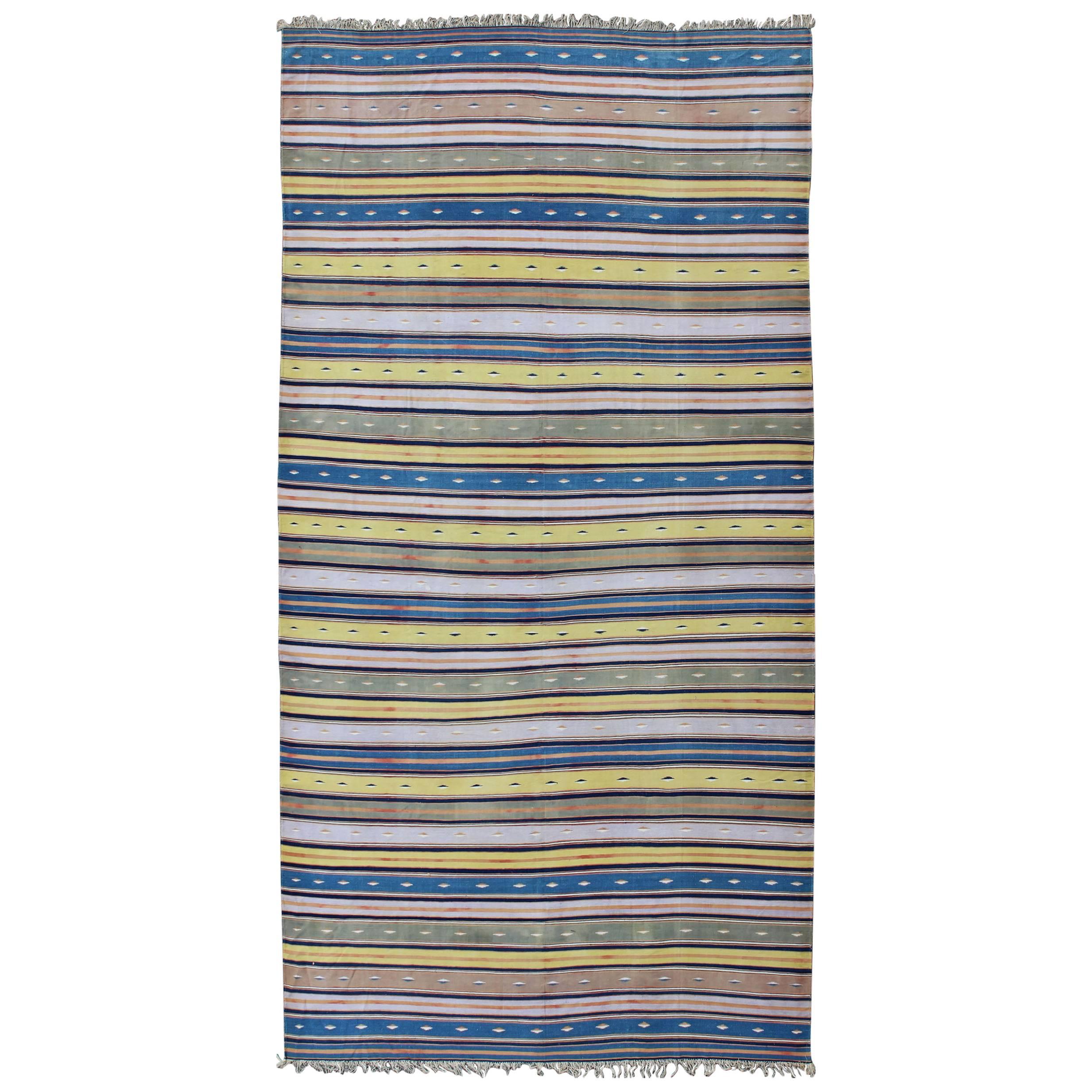 Long Vintage Cotton Dhurrie Rug with Stripe design in Blue, Yellow Green & Brown