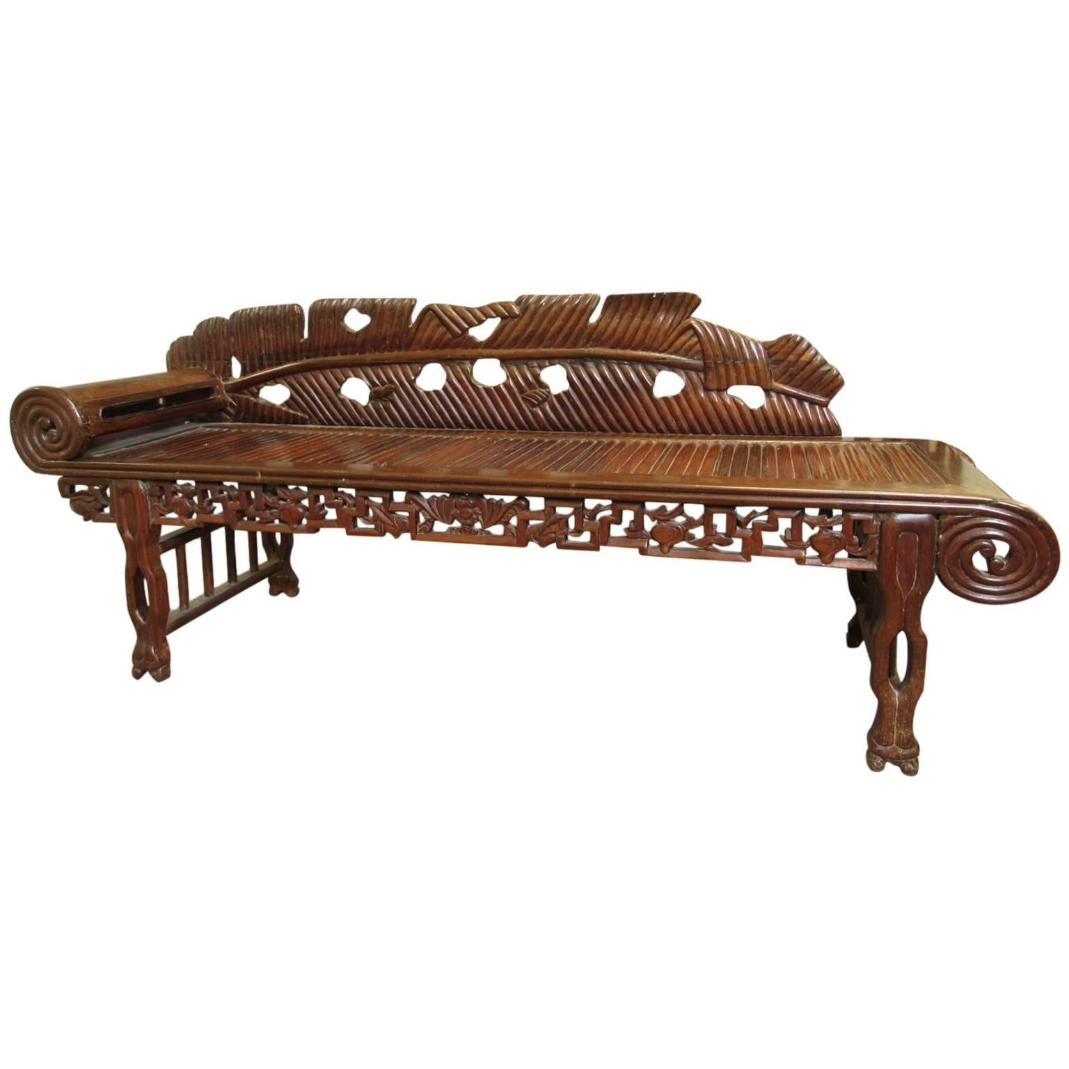 Unusual Antique Asian Carved Hardwood Scroll Arm Chaise For Sale
