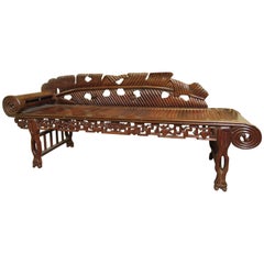Unusual Antique Asian Carved Hardwood Scroll Arm Chaise