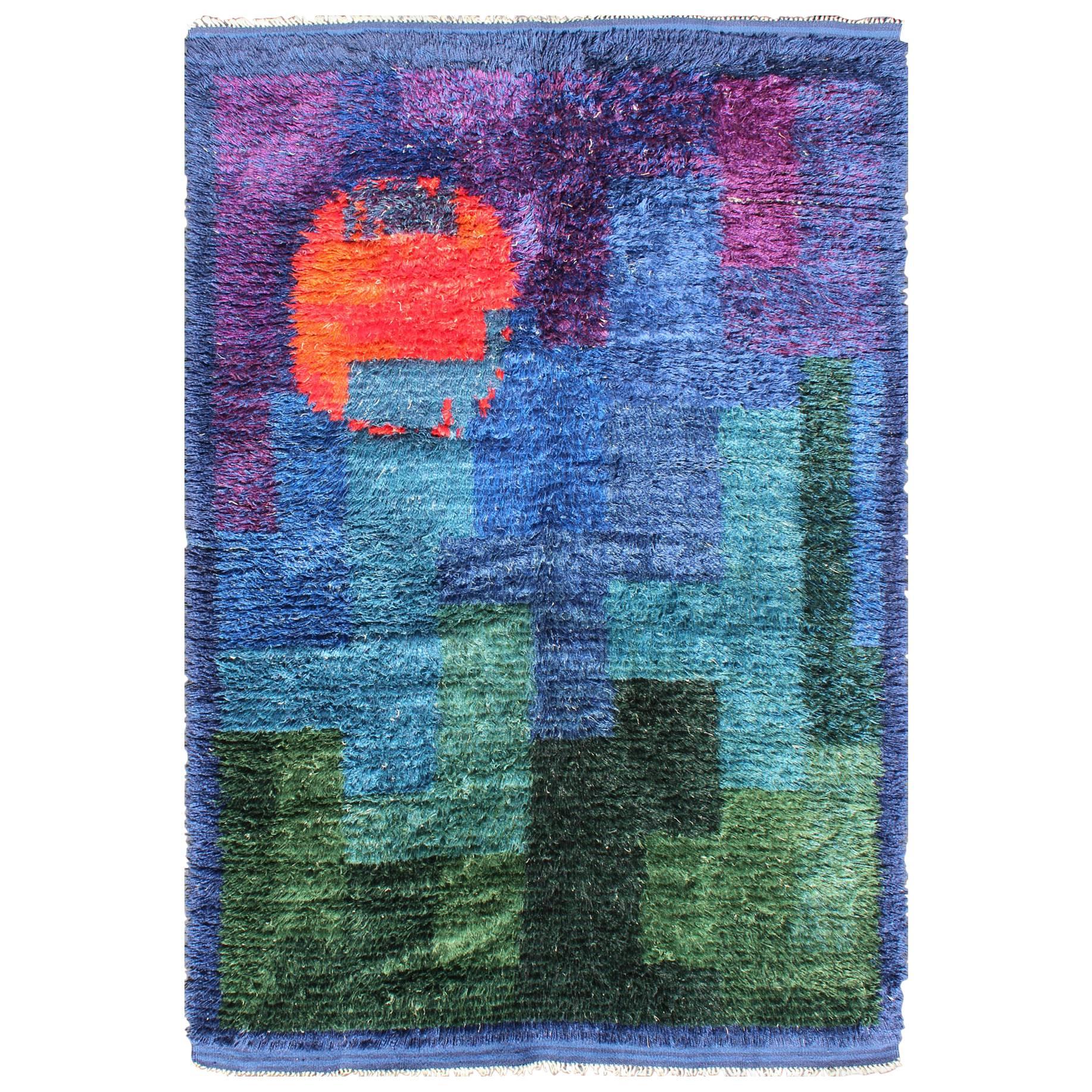 Vintage Swedish Hand Knotted Rug in Abstract Design with Brilliant Colors For Sale