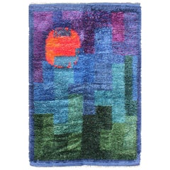 Retro Swedish Hand Knotted Rug in Abstract Design with Brilliant Colors