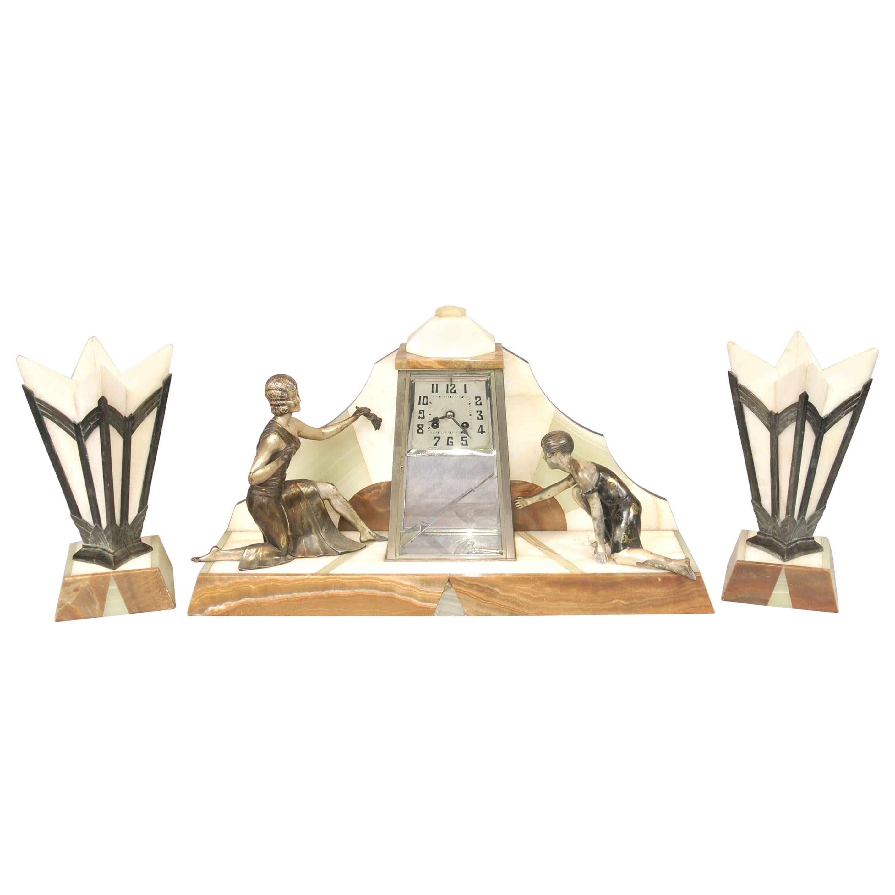 French Antique Art Deco Mantle Clock Set Spelter Figurine 1920s Marble Urns For Sale
