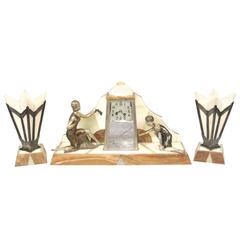 French Antique Art Deco Mantle Clock Set Spelter Figurine 1920s Marble Urns