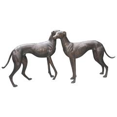 Retro Pair of Lifesize Bronze Greyhounds Art Deco Dogs
