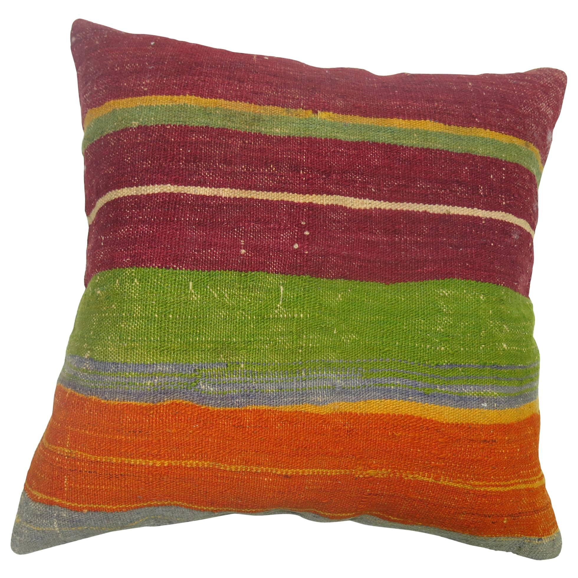 Colorful Striped Turkish Kilim Vintage Pillow