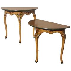 Pair of Antique Chinoiserie Hand-Painted Demilune Console Tables
