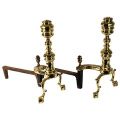 Antique Solid Brass Pair of Beehive Topped Andirons