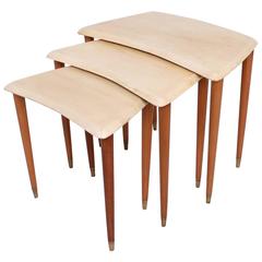 Mid-Century Modern Nesting Tables in Goatskin and Mahogany Wood