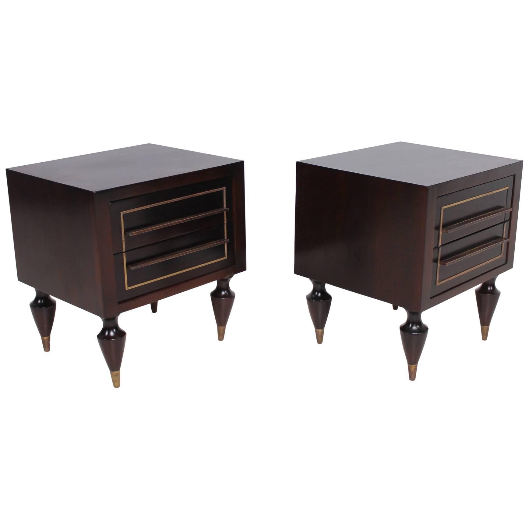 Fine Mexican Modernism Mahogany & Brass Nightstands Exceptional Legs by Escudero