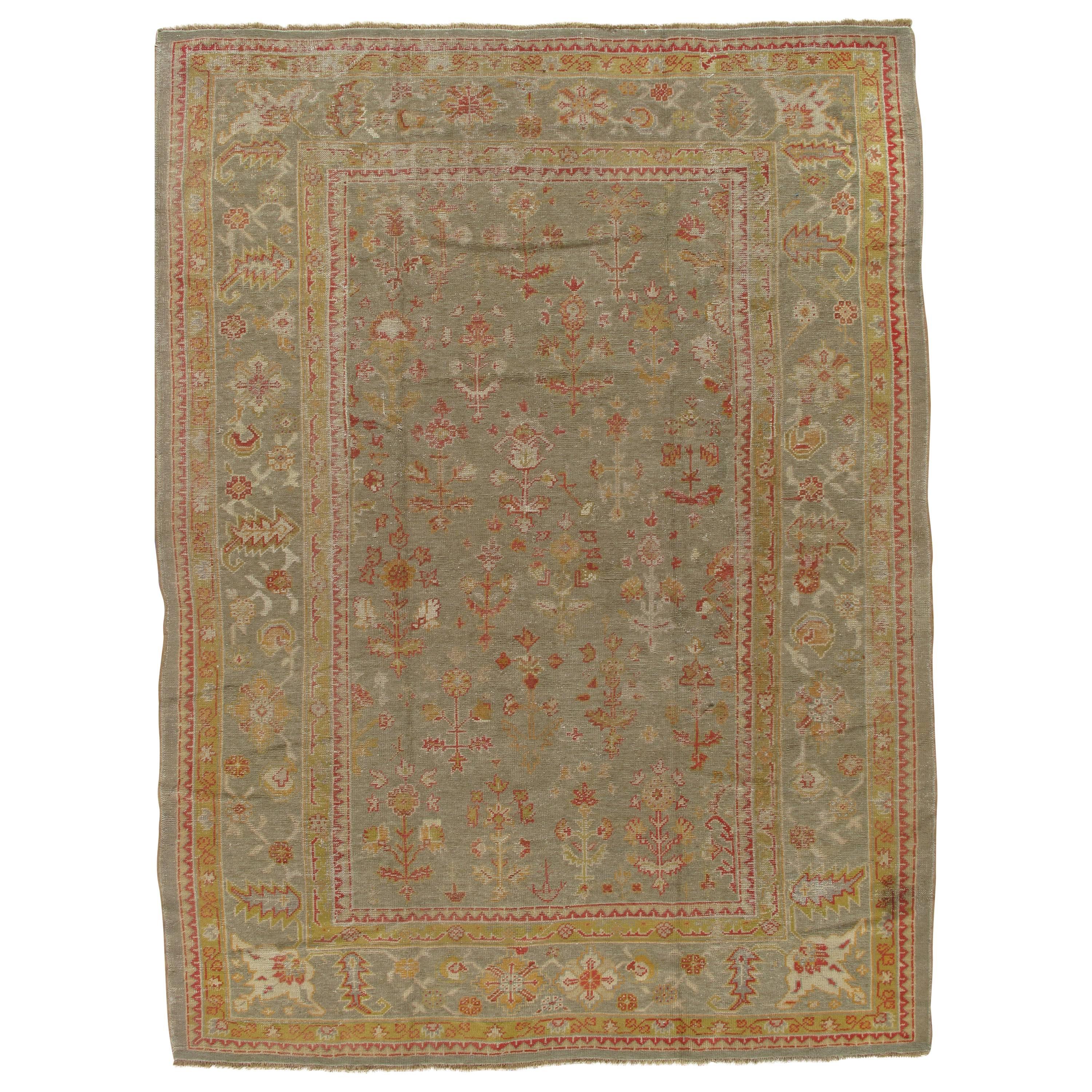 Antique Turkish Oushak Carpet, Handmade Wool Oriental Rug, Green Rug