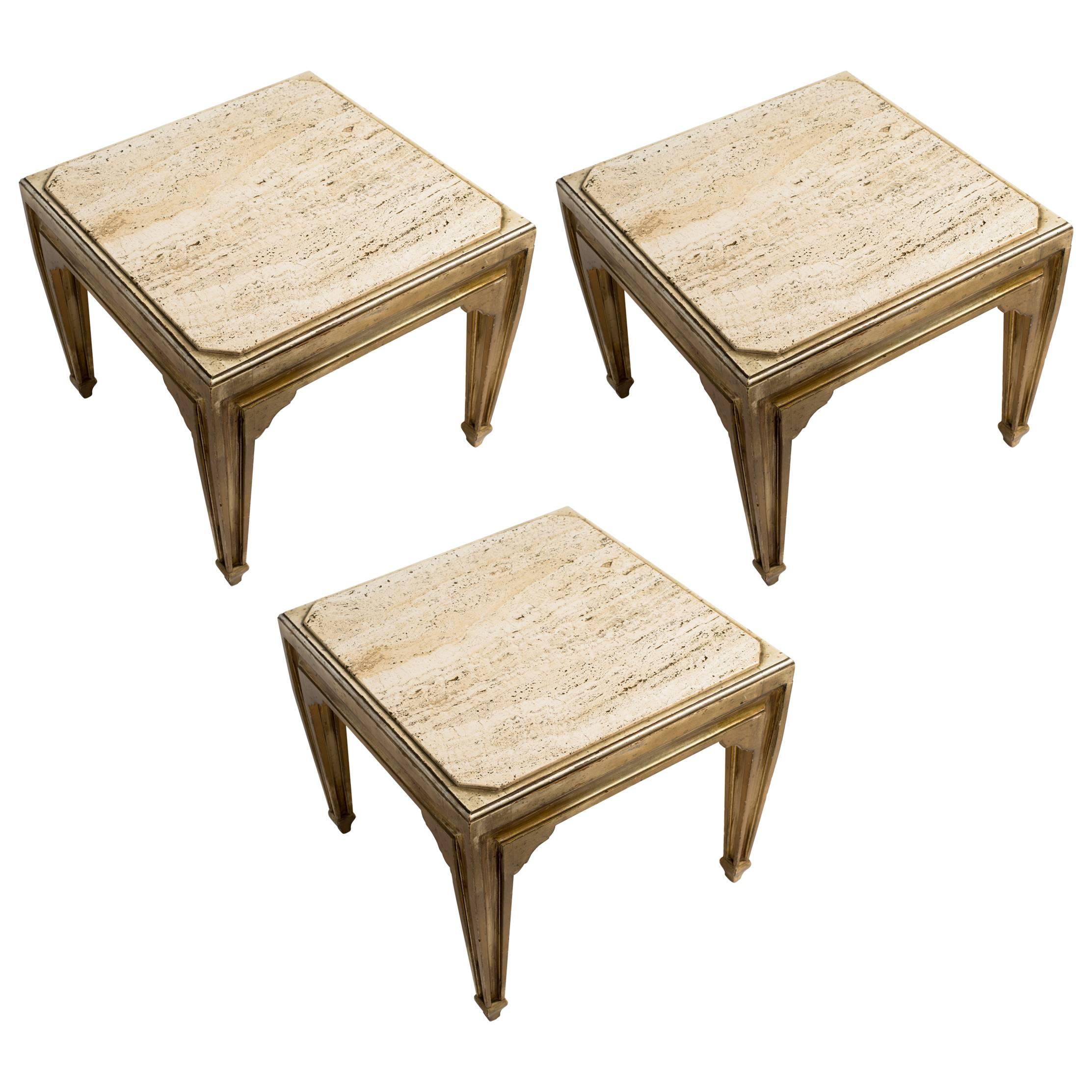 Italian Travertine and Silvered Wood Side Tables