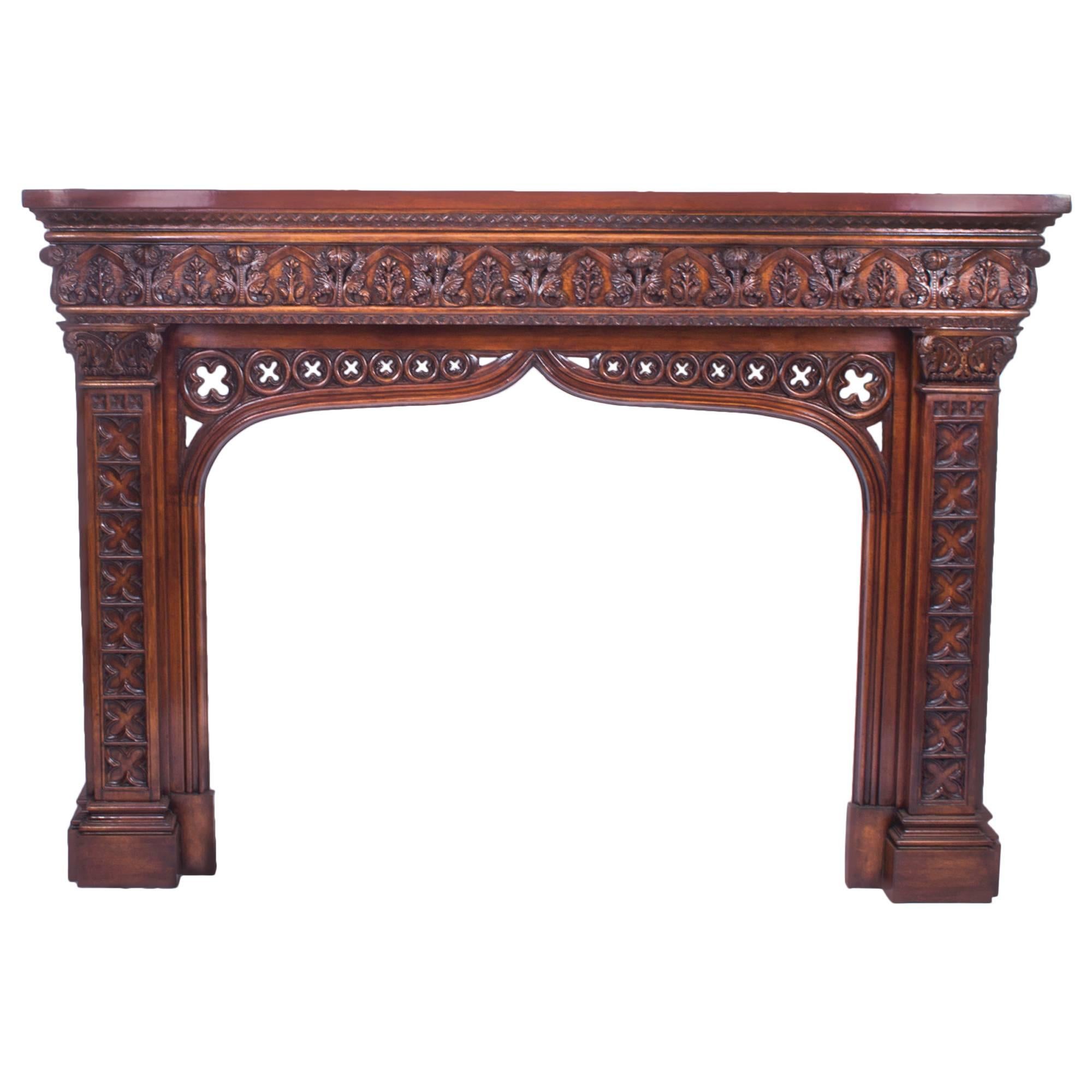 Early 20th Century Neo Gothic Carved Mahogany Chimney Piece