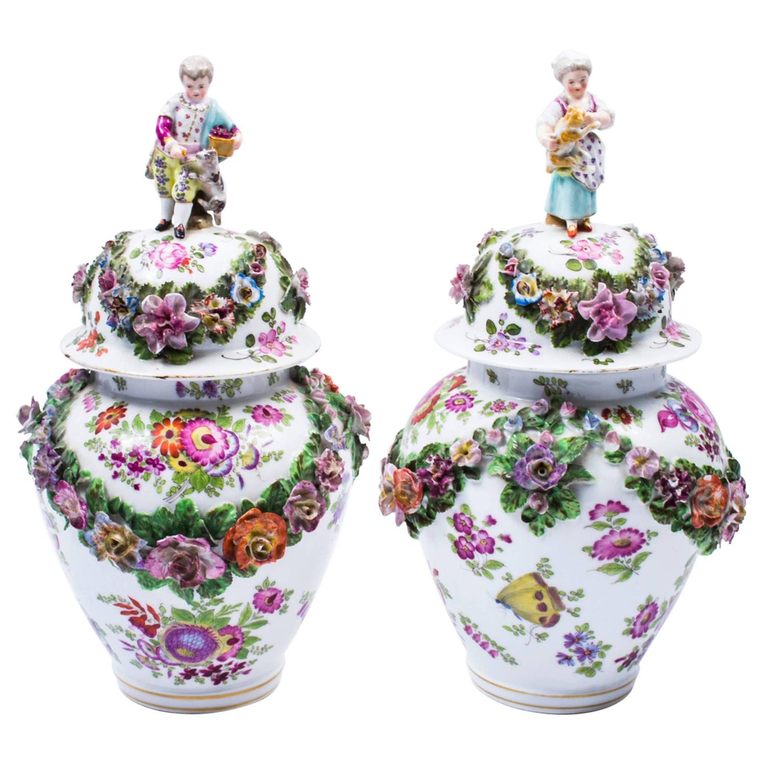 Antique Pair of Meissen Dresden Porcelain Vases, circa 1880 For Sale at
