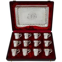 Rare French Sterling Silver 18-karat Gold Liquor Cups with Original Tray and Box