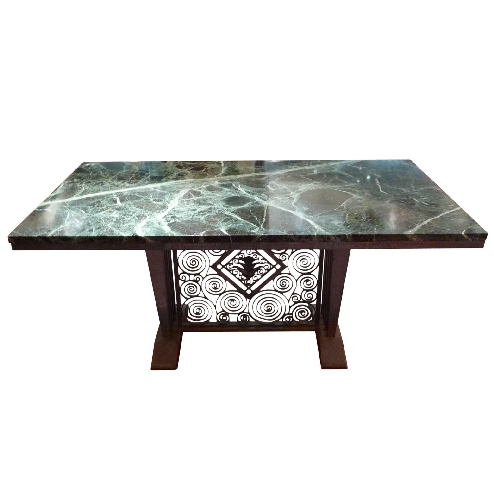 Edgar Brandt, a Green Marble and Wrought Iron Table, Stamped E Brandt For Sale