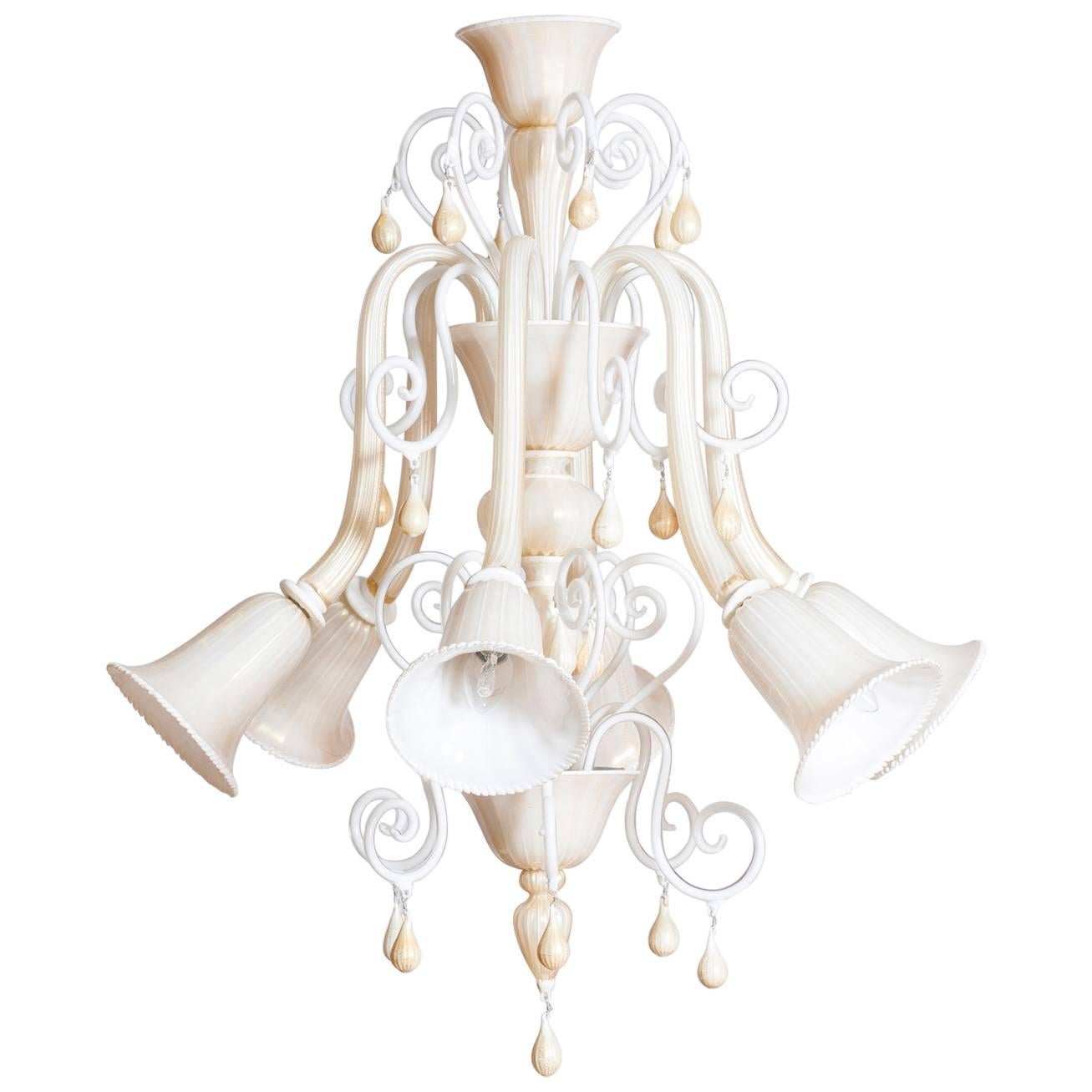 Italian Venetian, Chandelier blown Murano Glass, Ivory & Gold 24K, Seguso, 1990s